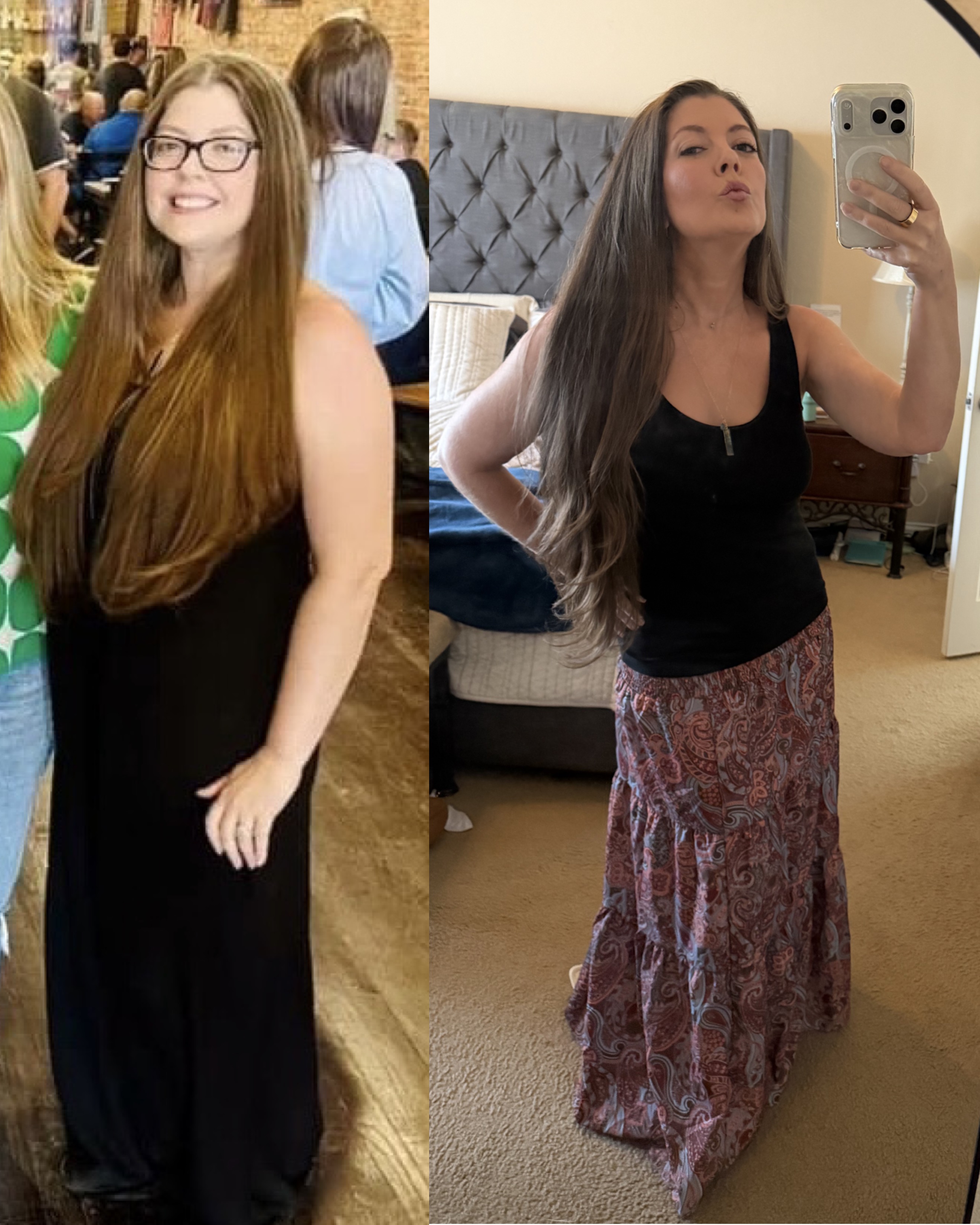 Melissa before, dressed up for a night out, compared to after, in a casual selfie at home