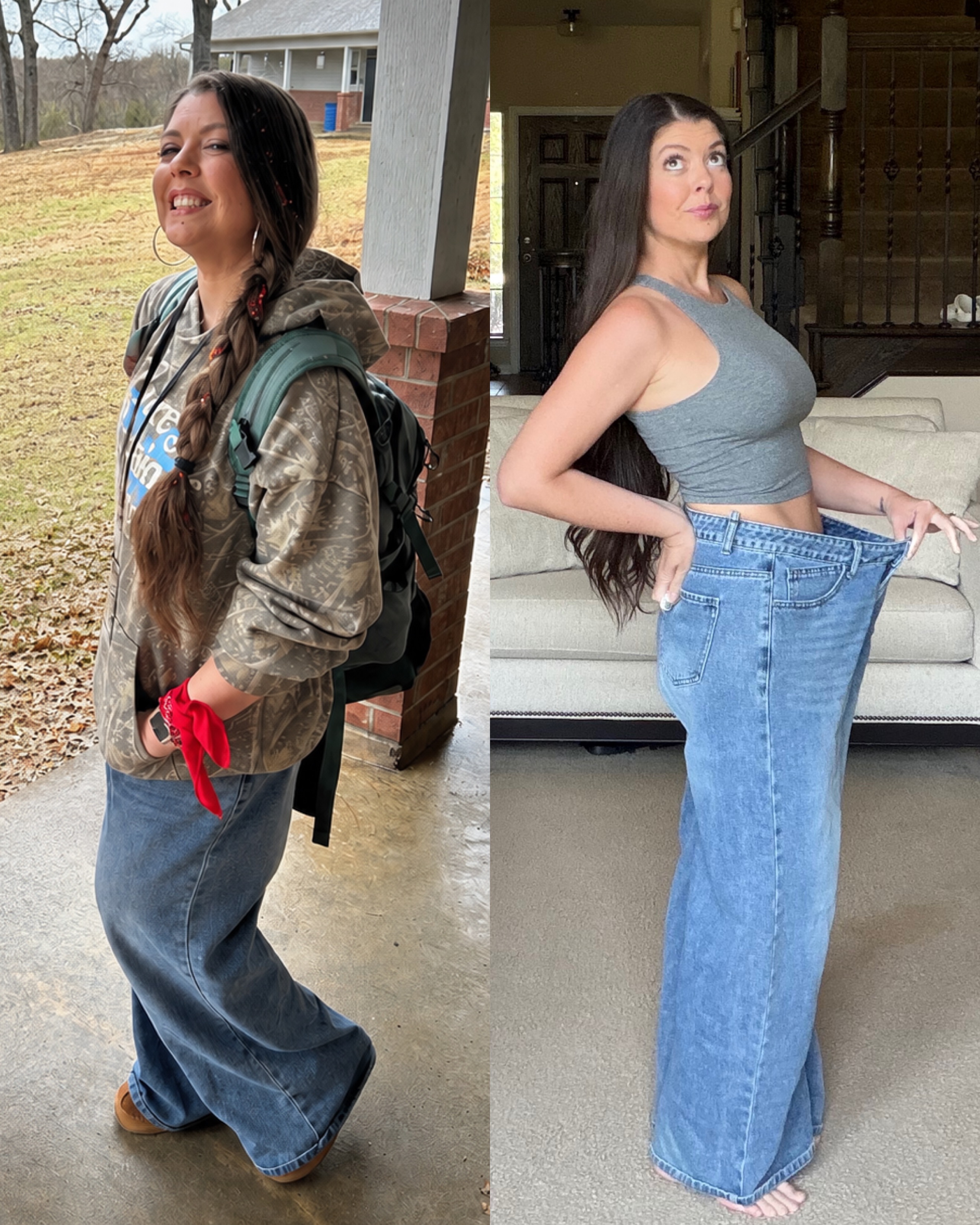 Melissa holding out the waistband of her old jeans, showing how much room is left after weight loss